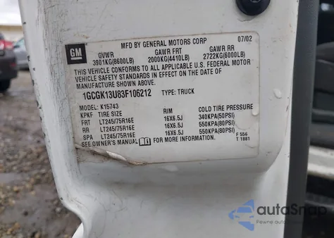 2003 Chevrolet Silverado 1500Hd Ls from USA, damaged, VIN 1GCGK13U83F106212